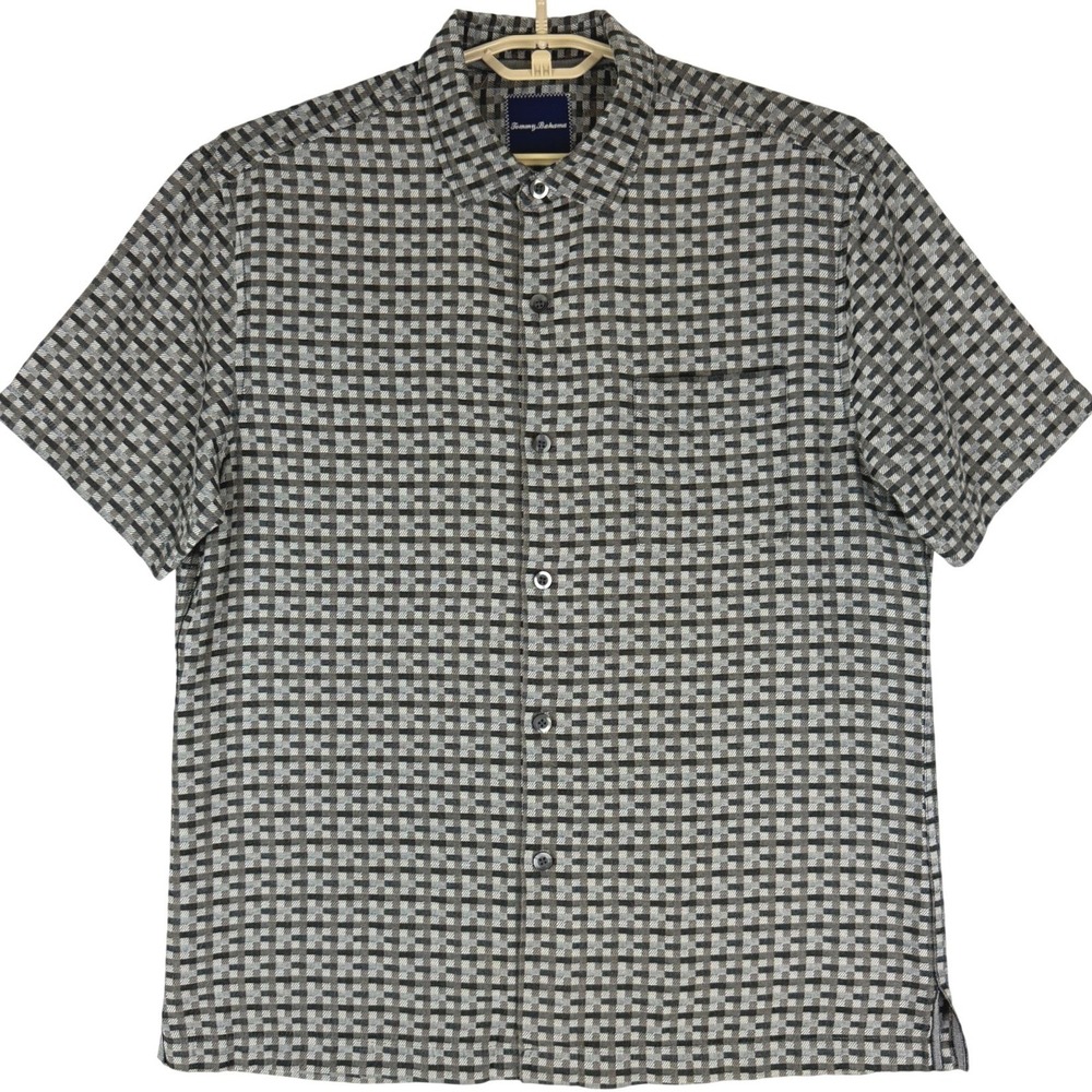 Tommy Bahama Shirt Mens L Silk Cotton Black Gray Geometric Short Sleeve